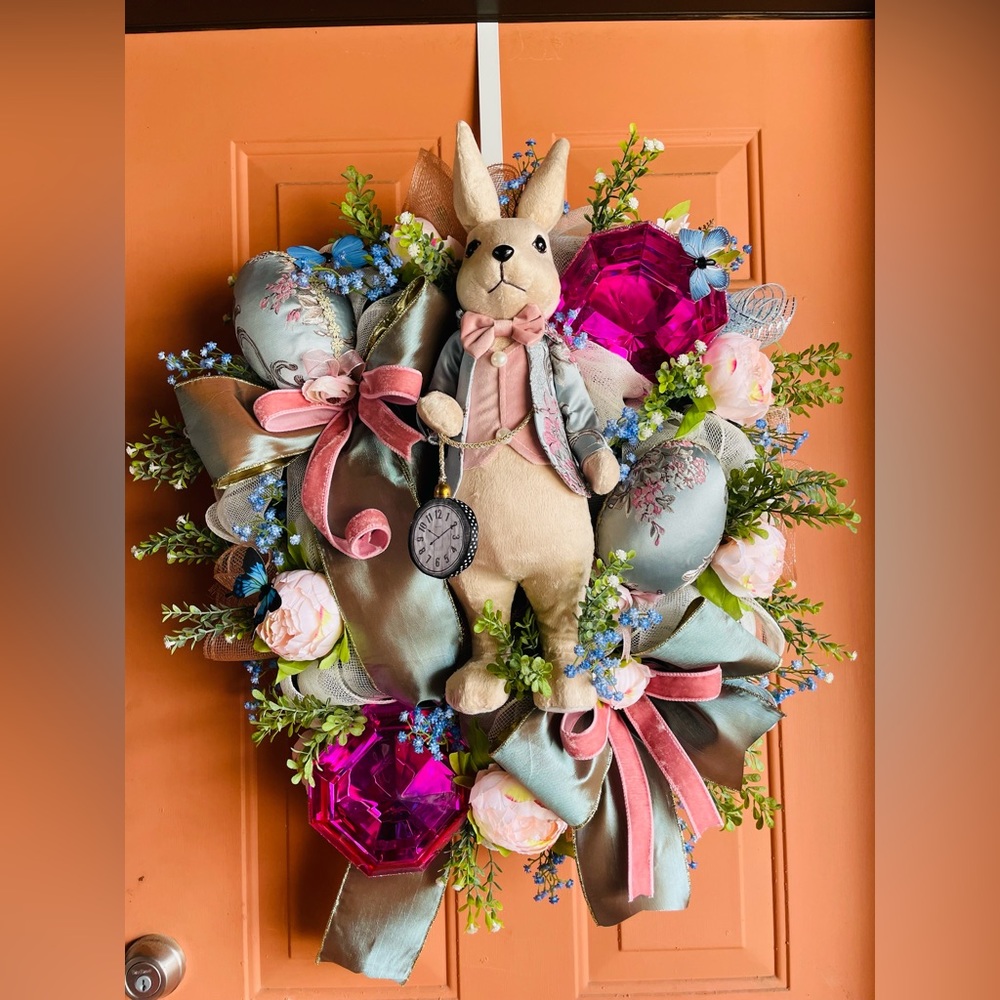 Elegant bunny wreath, rabbit with watch, clock, Easter wreath